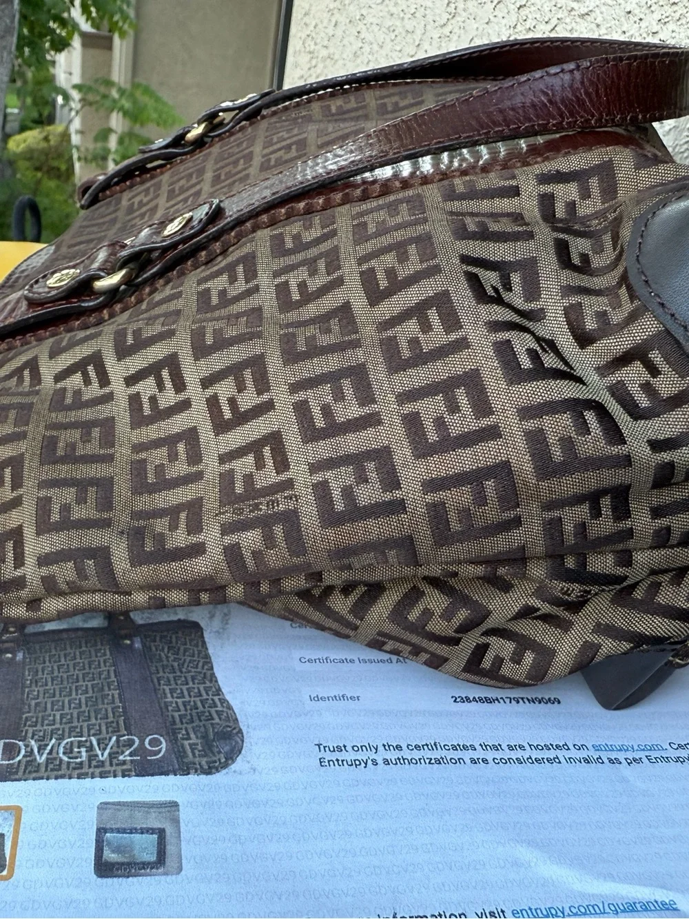 Fendi Brown Zucca Logo Canvas Shoulder Tote with Dark Brown Leather Trim